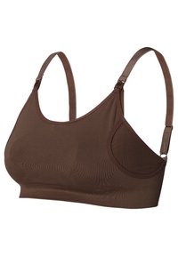 Brun trådløs bh med justerbare stropper, lavet af glat stof. Har et sømløst design med en rund form og let polstring.
