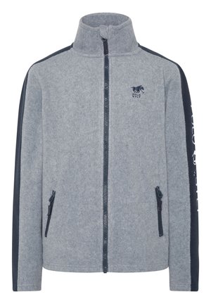 Veste polaire gris clair avec poches zippées noires, fermeture éclair complète à l'avant, bandes noires sur les manches et logo Polo Sylt sur la poitrine gauche.