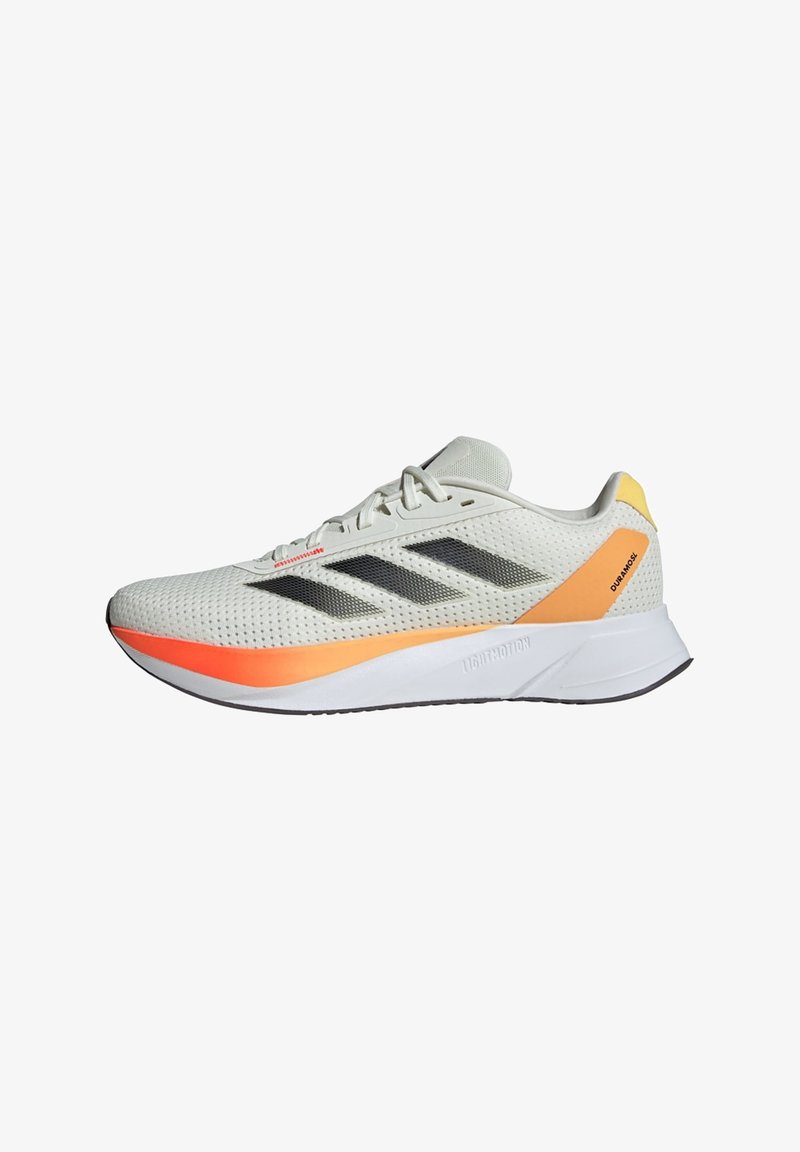 Lightweight running shoe with a breathable mesh upper in light gray, black stripes, orange and yellow accents, and a textured white sole.