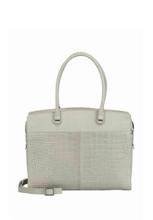 Borsa a mano in pelle grigio chiaro con texture coccodrillo, doppi manici superiori e tracolla regolabile, progettata per l'uso quotidiano.