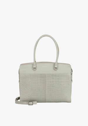 Borsa a mano in pelle grigio chiaro con texture coccodrillo, doppi manici superiori e tracolla regolabile, progettata per l'uso quotidiano.