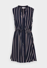 Vestido sin mangas de color navy con rayas verticales rosas, con botones en la parte delantera y cintura ajustable con cordón. Tejido suave, silueta relajada.