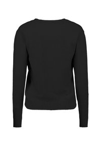 Schwarzer Strickpullover mit geripptem Bund und Bündchen sowie einem schlichten Rundhalsausschnitt. Die Rückansicht zeigt eine glatte Textur und klare Linien.