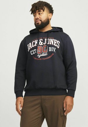 Felpa blu navy in misto cotone con cappuccio e coulisse, caratterizzata da una grande stampa grafica bianca e rossa. Maniche e orlo a costine, vestibilità rilassata.