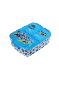 Blauwe plastic brooddoos met cartoonfiguren, met een ontwerp met twee compartimenten en een patroon onderaan met ronde afbeeldingen.