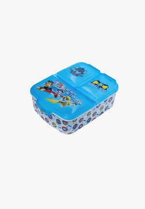 Lunch box blu in plastica con personaggi dei cartoni animati, caratterizzato da un design a due scomparti e una base decorata con immagini circolari.