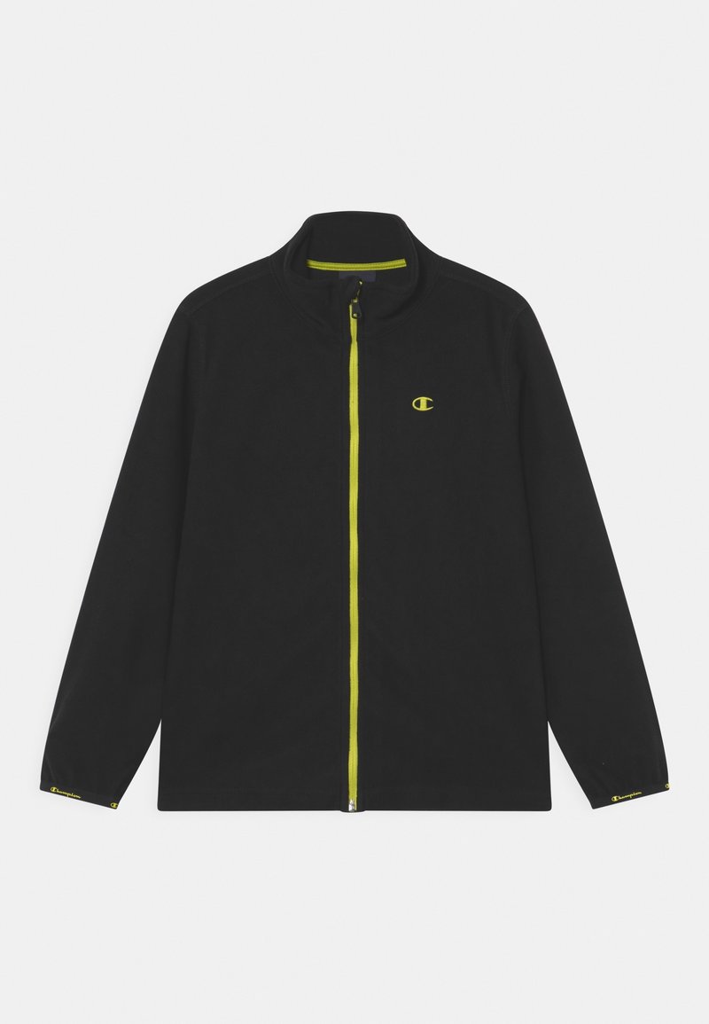 Czarna polarowa kurtka z wysokim kołnierzem, pełnym zamkiem z przodu, z jasnymi żółtymi akcentami oraz małym logo na lewej piersi.