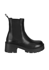 Bottine noire en cuir avec des panneaux latéraux élastiques, semelle en caoutchouc épaisse et une languette à l'arrière. Présente un bout arrondi et une finition texturée.