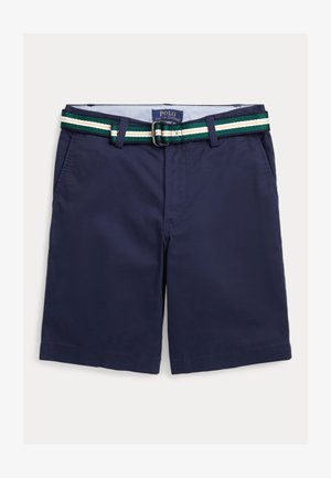 Pantalones cortos azul marino de algodón, con un cinturón a rayas verdes y blancas. Incluye bolsillos laterales y una textura suave con un ajuste relajado.