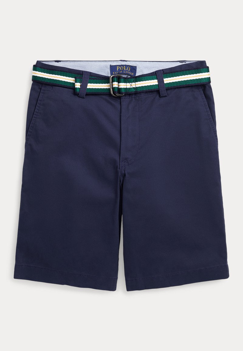 Calções azul-marinho em algodão, com um cinto listrado em verde e branco. Inclui bolsos laterais e uma textura suave com um ajuste descontraído.