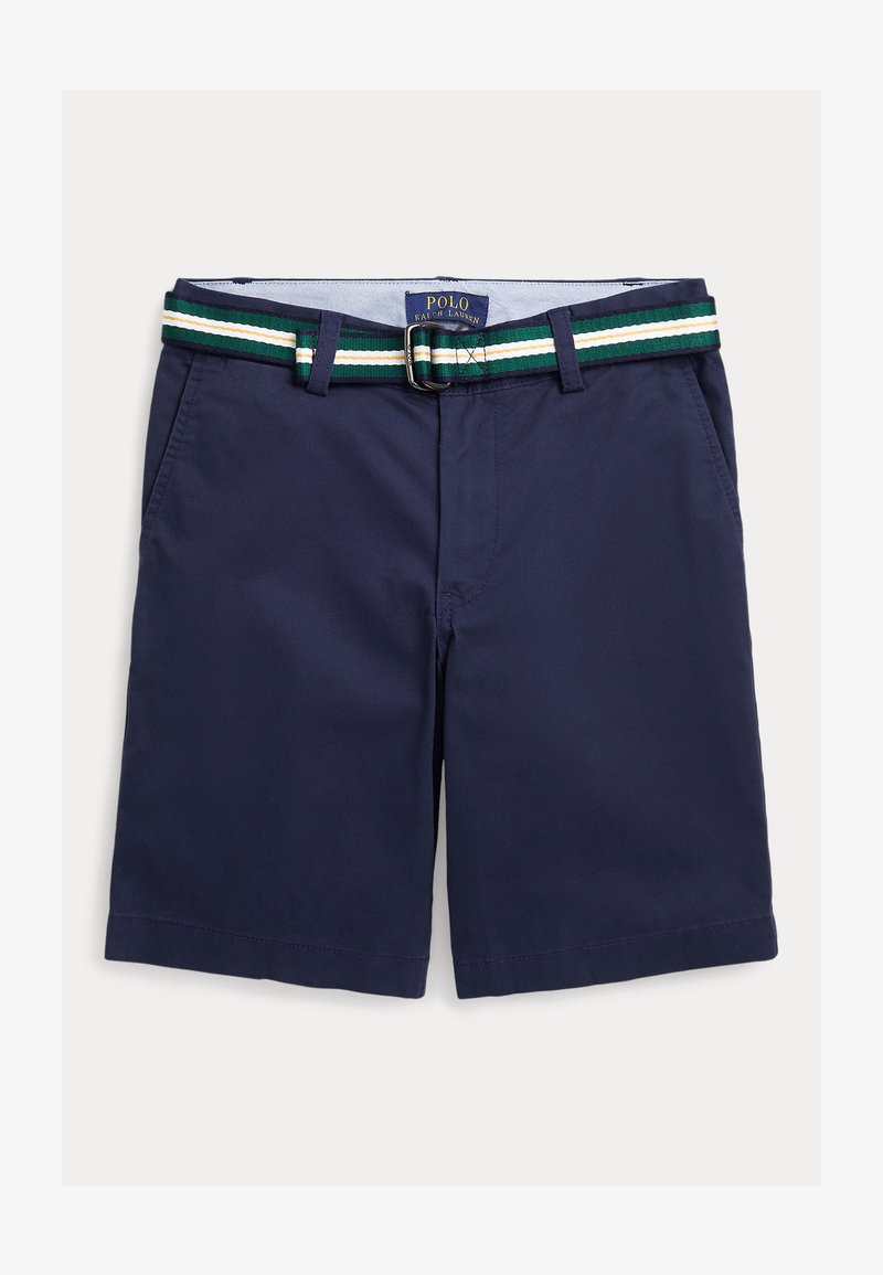 Kariniai mėlyni šortai, pagaminti iš medvilnės, su žaliai balta dryžuota diržu. Yra šoninės kišenės ir glotni tekstūra su laisvu siluetu.