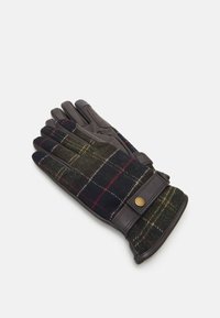 Wool blend gloves featuring a dark plaid pattern with green, red, and white accents. Leather details on palms and wrist strap with button closure.