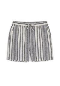 Linen shorts with vertical black and white stripes, elastic waistband with drawstring, and side pockets. Hemmed at the thighs.
