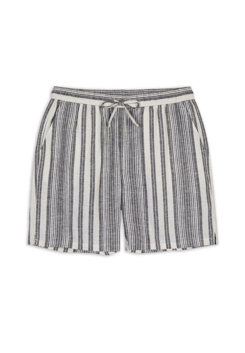 Linen shorts with vertical black and white stripes, elastic waistband with drawstring, and side pockets. Hemmed at the thighs.