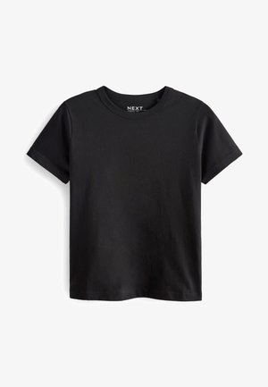 Camiseta negra de manga corta hecha de algodón con un cuello redondo. Textura suave y diseño simple sin patrones ni adornos.