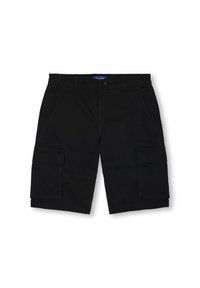 Shorts cargo noirs en tissu résistant, dotés de deux poches latérales et de deux grandes poches cargo, avec des coutures décoratives et une fermeture à bouton.