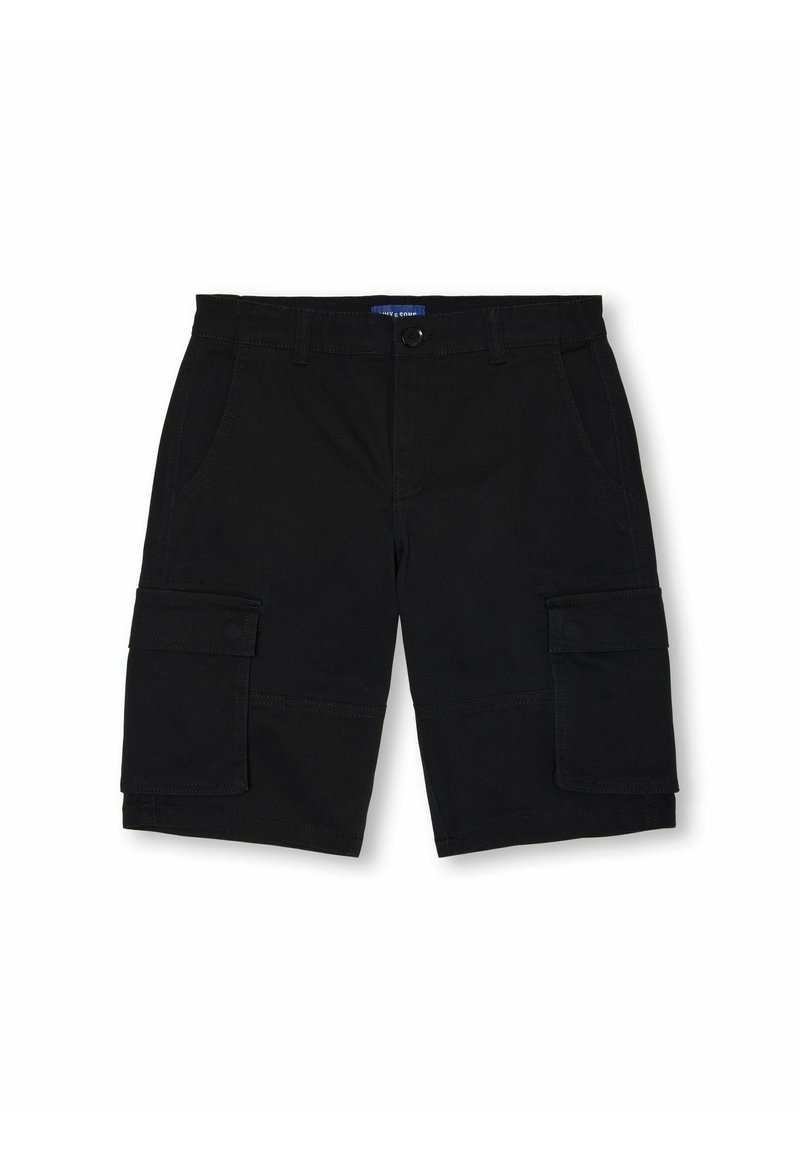 Shorts cargo noirs en tissu résistant, dotés de deux poches latérales et de deux grandes poches cargo, avec des coutures décoratives et une fermeture à bouton.