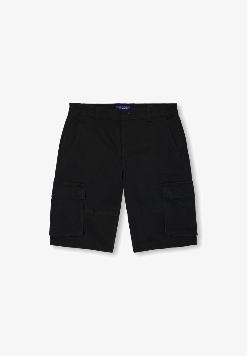 Shorts cargo noirs en tissu résistant, dotés de deux poches latérales et de deux grandes poches cargo, avec des coutures décoratives et une fermeture à bouton.