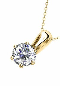 Goldene Halskette mit einem runden, brillant geschliffenen, klaren Edelsteinanhänger, gehalten von einer sechszahnigen Fassung mit einer glatten, polierten Öse.