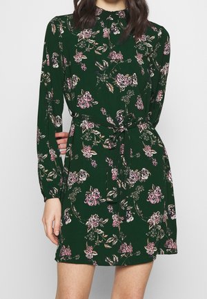 Abito floreale verde con maniche lunghe, scollatura alta e una cintura annodabile in vita. Presenta fiori rosa e motivi fogliari su tutta la superficie.