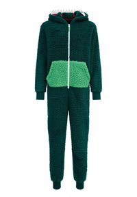 Vihreä fleece-yhdistelmäpuku, jossa on teksturoitu, pörröinen pinta. Siinä on kontrastivihreä tasku ja vetoketju etuosassa. Huppu sisältää valkoiset kolmionmuotoiset tehosteet.