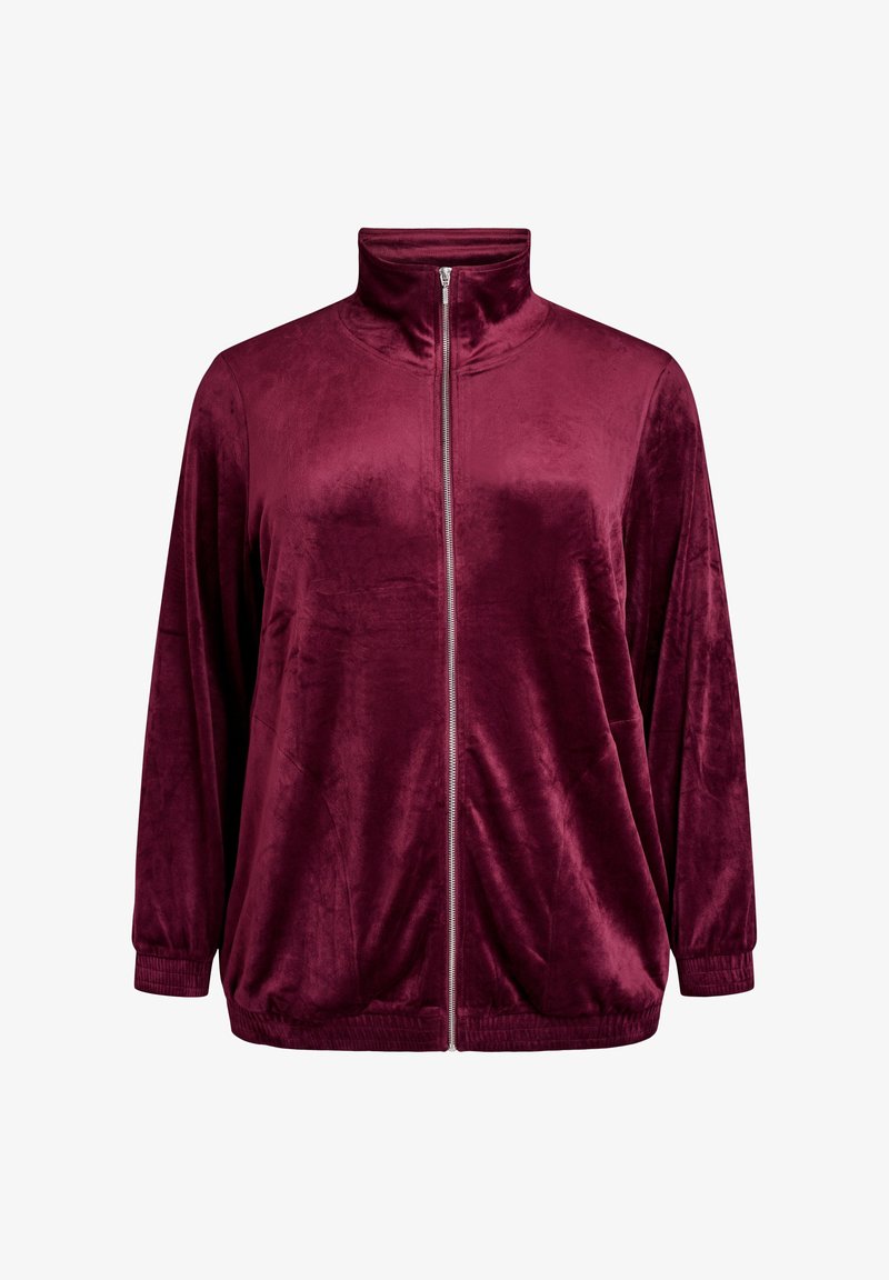 Giacca zip-up bordeaux realizzata in morbido velluto. Presenta un colletto alto, maniche lunghe, polsini elasticizzati e una vestibilità comoda e rilassata.