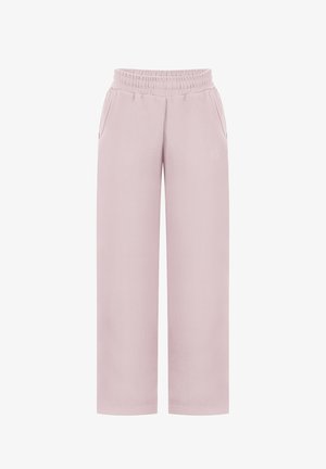 Jasnoróżowe szerokie spodnie dresowe z elastycznym pasem i bocznymi kieszeniami, wykonane z miękkiego, wygodnego materiału.