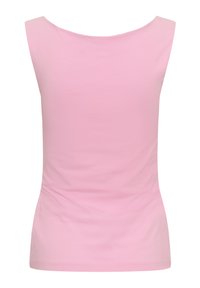 Haut rose sans manches pour femme avec un col rond, une taille ajustée et un tissu uni et lisse.