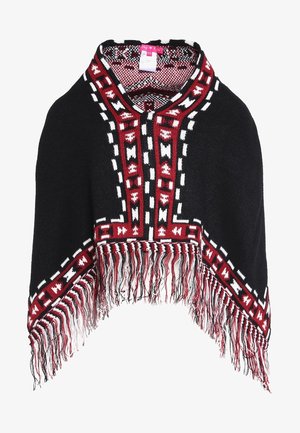 Czarny poncho z czerwono-białym geometrycznym wzorem, z frędzlami na dole, szerokim kołnierzem i dzianą teksturą.