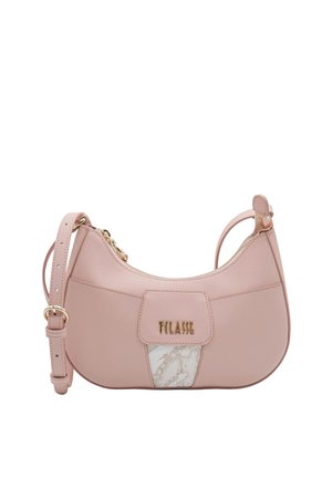 Piccola borsa a tracolla rosa chiaro con tracolla regolabile, cerniera dorata e logo dorato "TILAISI" su toppa frontale con dettaglio marmo.