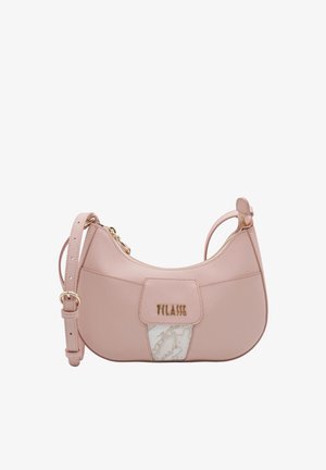 Piccola borsa a tracolla rosa chiaro con tracolla regolabile, cerniera dorata e logo dorato "TILAISI" su toppa frontale con dettaglio marmo.