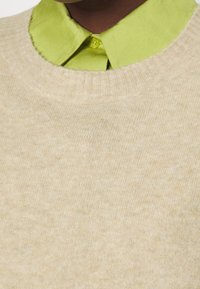 Beżowy sweter z dzianiny z prążkowanym okrągłym dekoltem, noszony z jasną zieloną koszulą z kołnierzykiem pod spodem. Widoczna fakturowana tkanina.