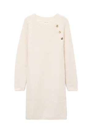 Cream-colored knitted dress with a round neckline, long sleeves, and three decorative buttons on the left shoulder. Textured fabric.