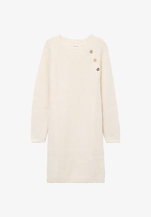 Cream-colored knitted dress with a round neckline, long sleeves, and three decorative buttons on the left shoulder. Textured fabric.