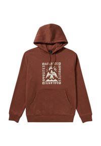 Haut à capuche marron avec une poche kangourou, présentant un design graphique centré en crème, représentant des montagnes et du texte, fabriqué en tissu doux.