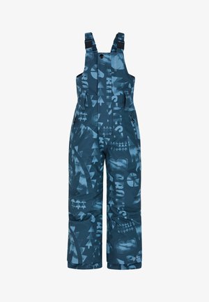 Blauwe sneeuwoverall met verstelbare banden, versierd met abstracte vormen, voorzien van ritszakken en gemaakt van een duurzaam, geïsoleerd materiaal.