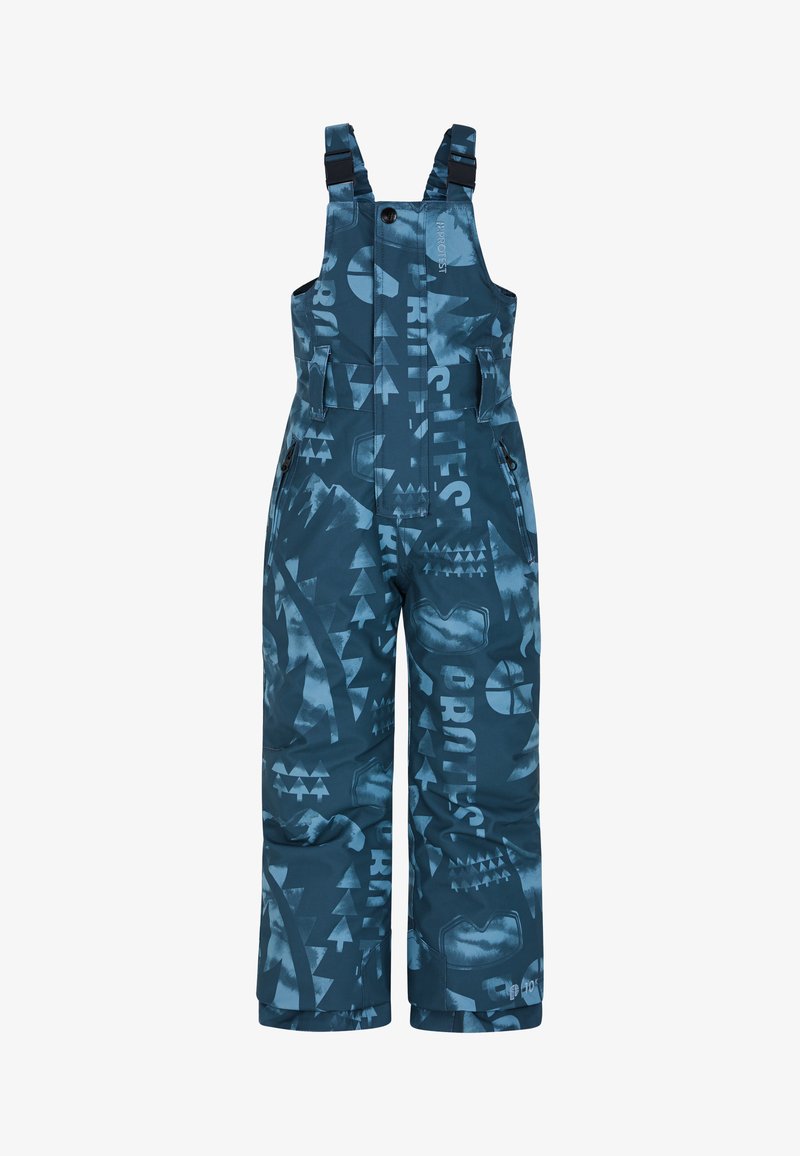 Pantalones de snow azules en forma de peto con tirantes ajustables, decorados con formas abstractas, que cuentan con bolsillos con cremallera y un material duradero e insulated.