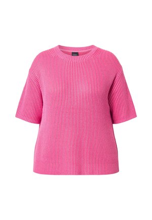 Jasně růžový žebrovaný pletený svetr s krátkými rukávy, kulatým výstřihem a volným střihem.