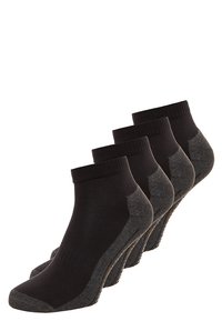 Calcetines negros de tobillo con un talón y punta grises texturizados. Tejido suave y elástico con un puño acanalado. Paquete de cuatro pares exhibidos en una fila.