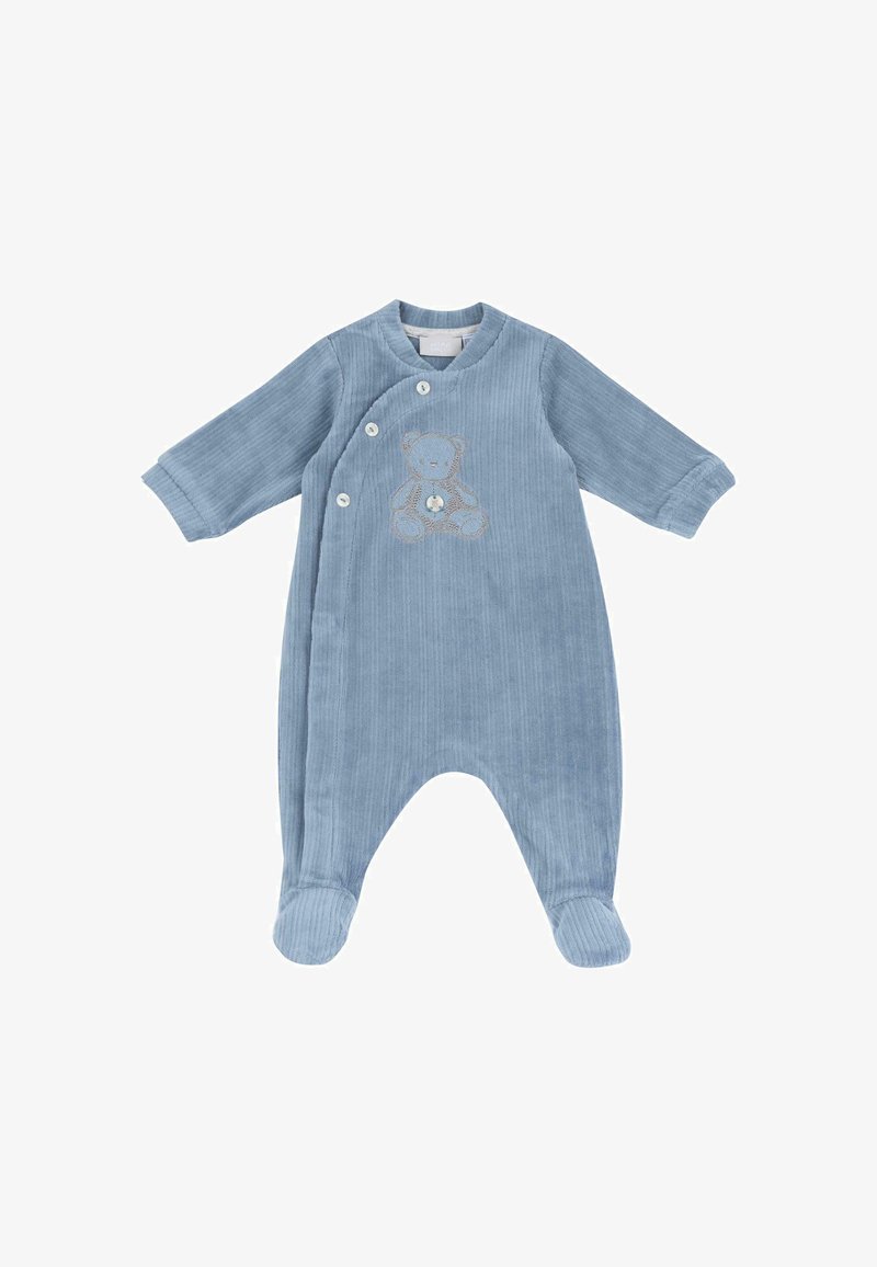 Body bébé bleu à manches longues avec jambes intégrées, boutons latéraux et un ours en peluche brodé sur la poitrine.
