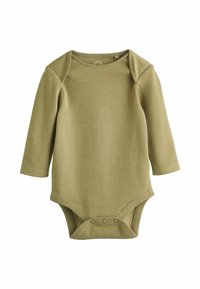 Langærmet babysnaps i olivengrøn, lavet af blødt stof med trykknapper i bunden og rund halsudskæring, med raglanermer.