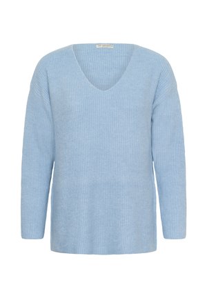 Hellblauer Pullover mit tiefem V-Ausschnitt, langen Ärmeln und gerippter Struktur; aus weichem, gemütlichem Material gefertigt und mit lockerem Sitz.