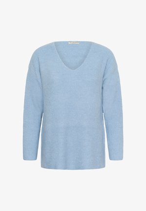 Vaaleansininen neulepaita, jossa on syvä V-kaula-aukko, pitkät hihat ja ribbineulos; pehmeästä, mukavasta materiaalista valmistettu rento malli.