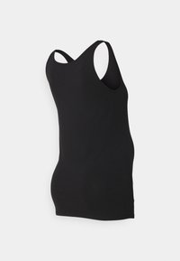Sort tanktop lavet af glat stof. Har en V-udskæring, brede stropper og en tætsiddende design med en sømløs sideprofil.