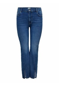 Jeans in denim blu scuro, con taglio dritto, cinque tasche, chiusura frontale con bottone e leggeri spacchi all'orlo della caviglia per un tocco di dettaglio.