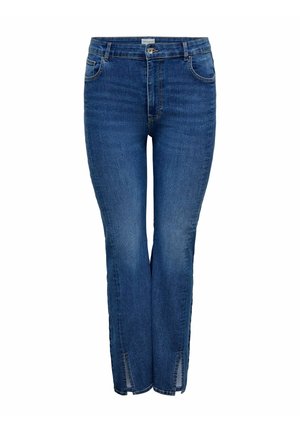 Tumši zili džinsi ar taisnu piegriezumu, pieciem kabatām, priekšējo pogu aizdari un viegliem iegriezumiem pie potītēm, lai akcentētu detaļas.