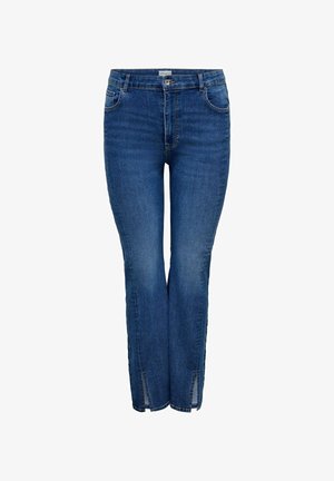 Dżinsy w ciemnoniebieskim kolorze, z prostym krojem, pięcioma kieszeniami, zapinane na guzik z przodu oraz lekko rozcięciami przy nogawkach dla dodatkowego akcentu.