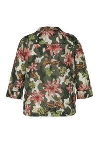 Bloemenpatroon overhemd in groen, beige en bruin. Voorzien van driekwartmouwen en een kraag. Zichtbare grote roze en crèmekleurige bloemen.