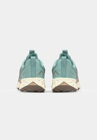 Baskets de trail de course bleu clair avec un dessus texturé, des accents marron et une semelle intermédiaire crème mouchetée. Comprend des languettes robustes à l'arrière pour un enfilage facile.