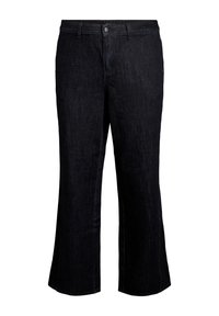 Pantalones de mezclilla negros con un diseño recto y acampanado. Cuentan con un cierre frontal de botón, pasadores para cinturón y detalles de costura sutiles. No tienen bolsillos visibles.